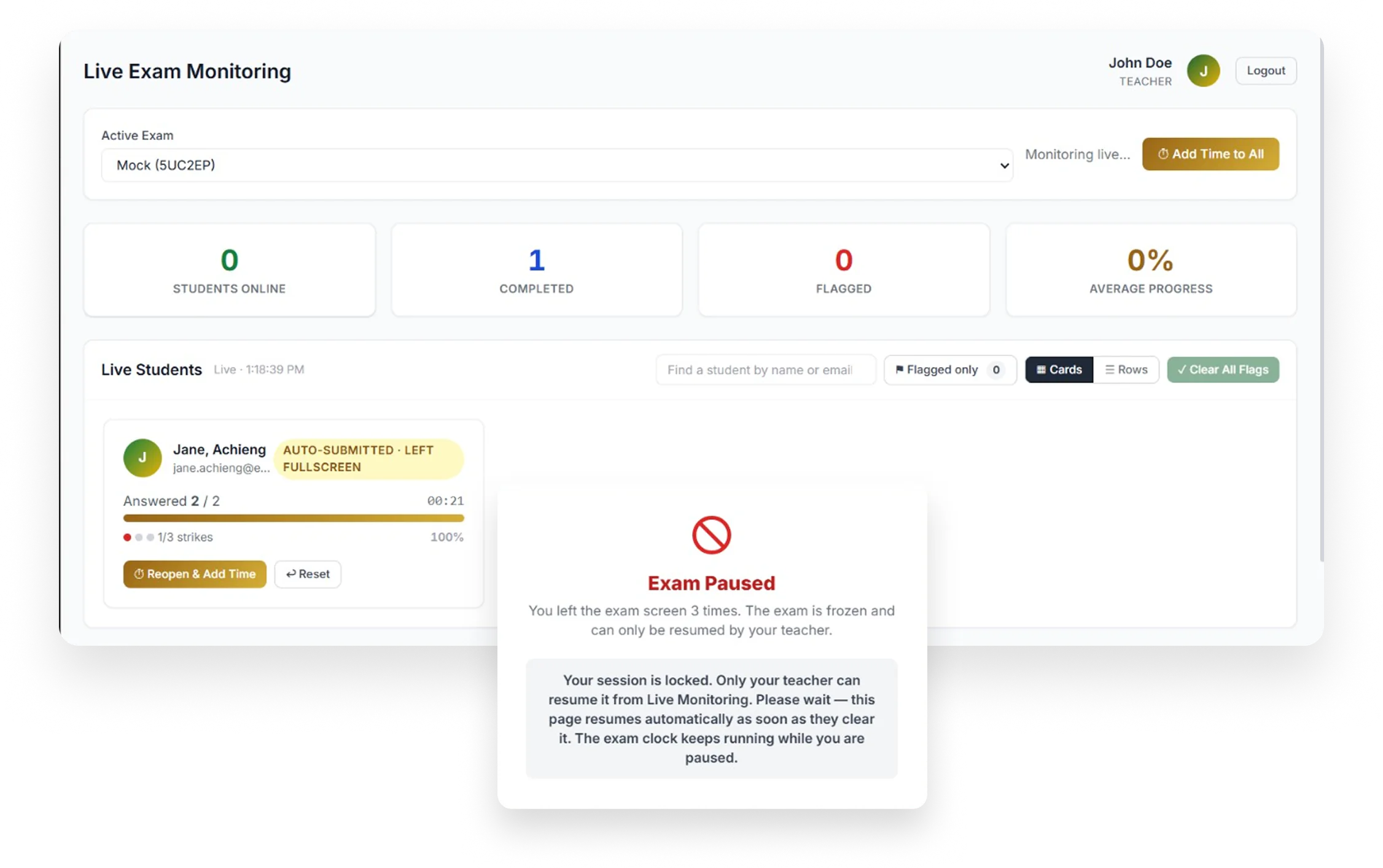 Mock live exam monitoring dashboard showing a student card and a paused-exam warning